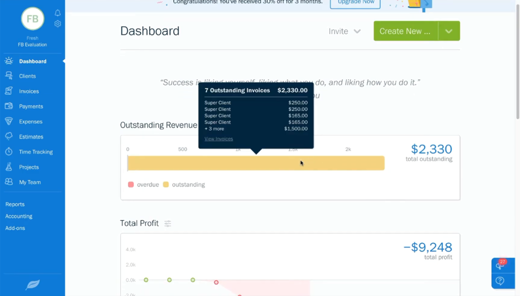 Freshbook invoicing software dashboard